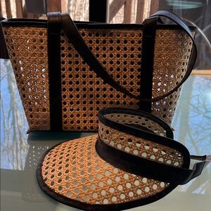 Woven Rattan Tote and Visor Set - Black Trim NWOT
